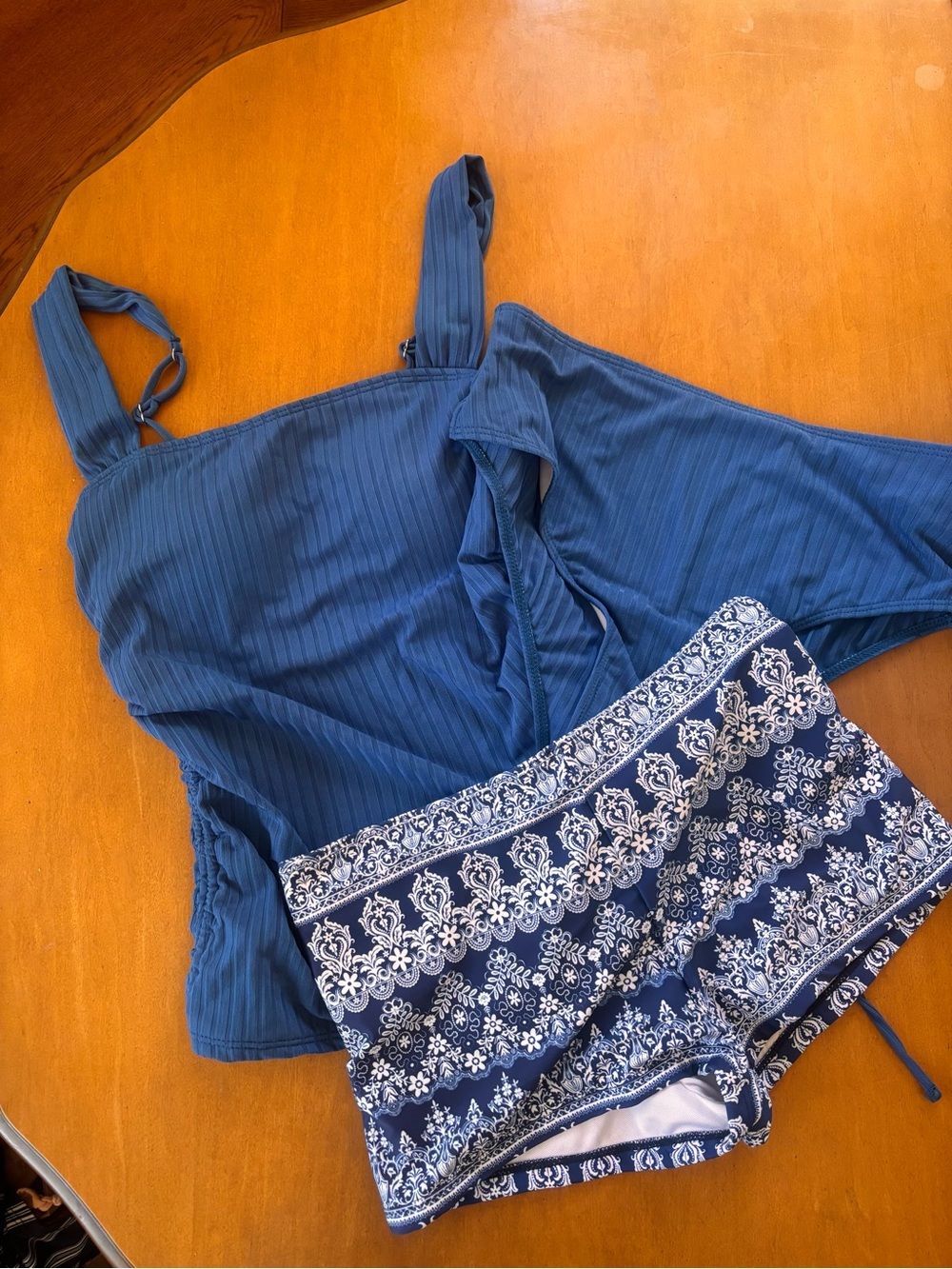 NWOT SHEIN Blue Ribbed Tankini Swimsuit, 3 piece Set, Size Large
